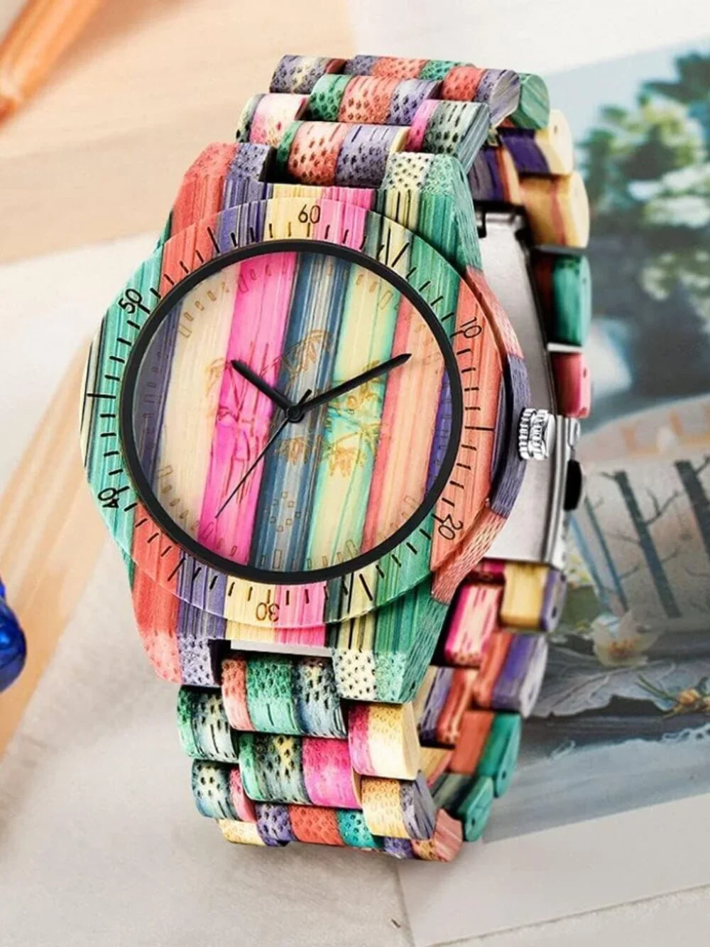 Men's Watch Colorful Multi Wooden Striped Handmade Analog Dial Quartz Wristwatch
